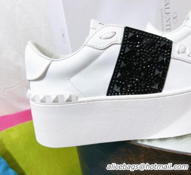 Best Grade Valentino Flatform Rockstud Untitled Sneakers with Black Stripe in White Calfskin 0427005