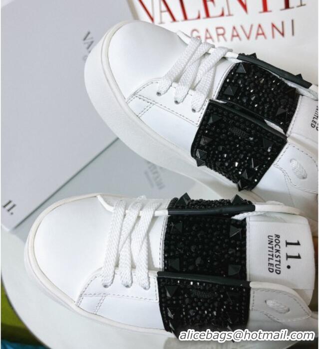 Best Grade Valentino Flatform Rockstud Untitled Sneakers with Black Stripe in White Calfskin 0427005