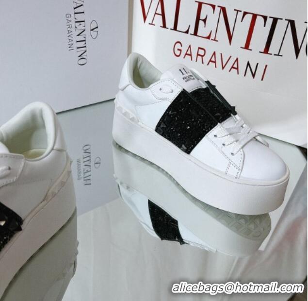 Best Grade Valentino Flatform Rockstud Untitled Sneakers with Black Stripe in White Calfskin 0427005