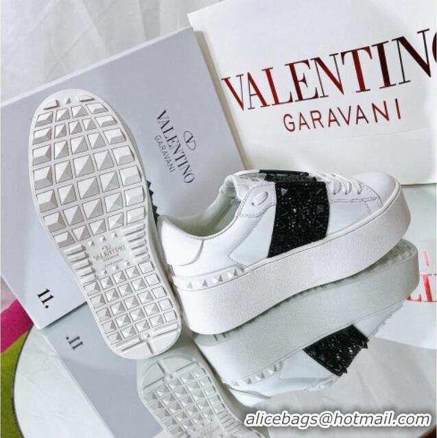 Best Grade Valentino Flatform Rockstud Untitled Sneakers with Black Stripe in White Calfskin 0427005