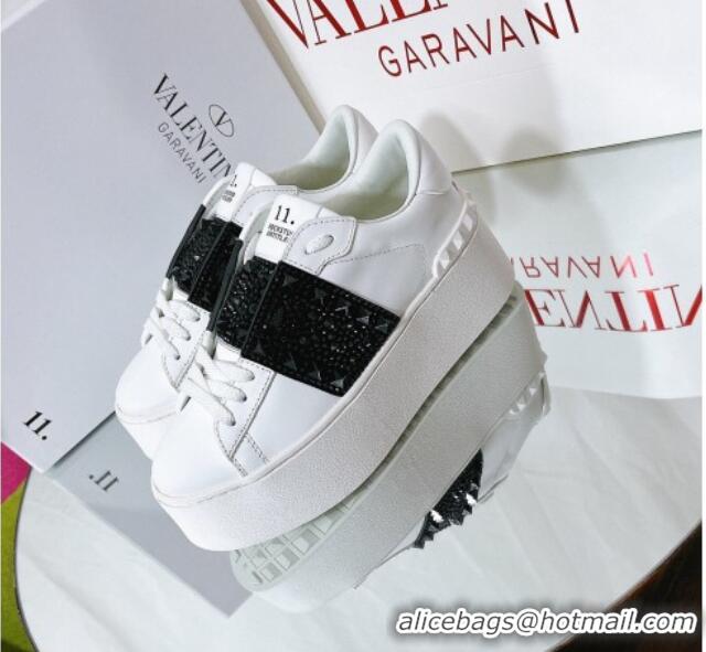 Best Grade Valentino Flatform Rockstud Untitled Sneakers with Black Stripe in White Calfskin 0427005