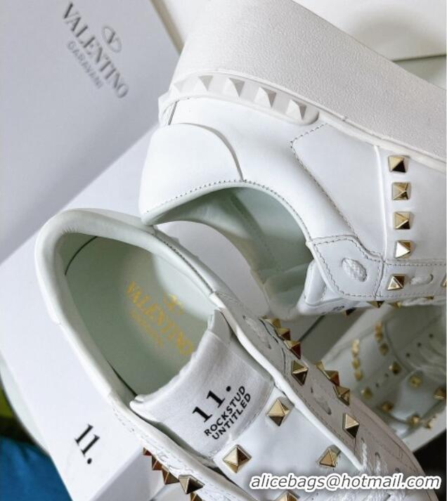 Fashion Luxury Valentino Flatform Rockstud Untitled Sneakers in Calfskin White/Gold 0427007