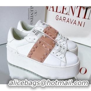 Fashion Valentino Flatform Rockstud Untitled Sneakers with Beige Stripe in White Calfskin 427008