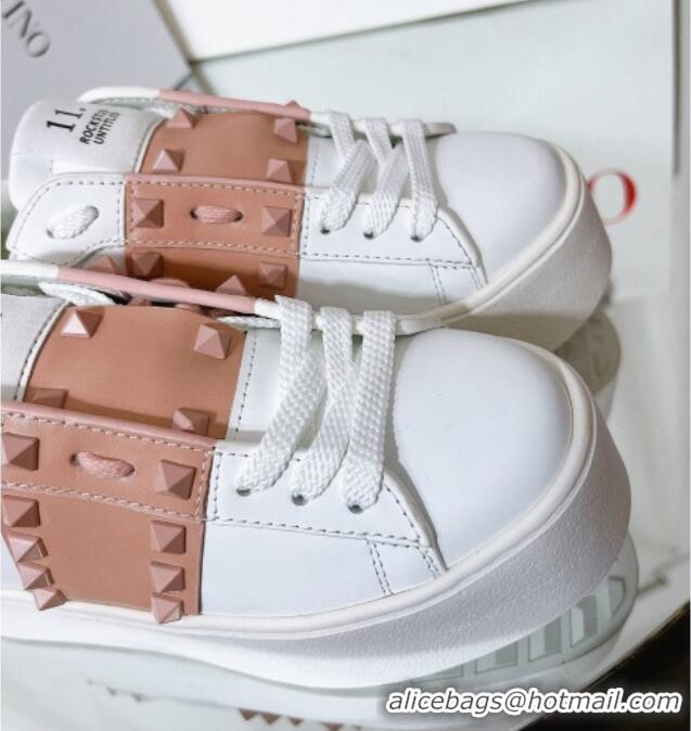 Fashion Valentino Flatform Rockstud Untitled Sneakers with Beige Stripe in White Calfskin 427008