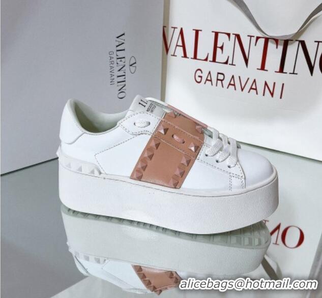 Fashion Valentino Flatform Rockstud Untitled Sneakers with Beige Stripe in White Calfskin 427008