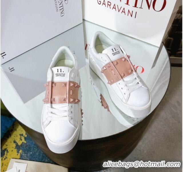 Fashion Valentino Flatform Rockstud Untitled Sneakers with Beige Stripe in White Calfskin 427008