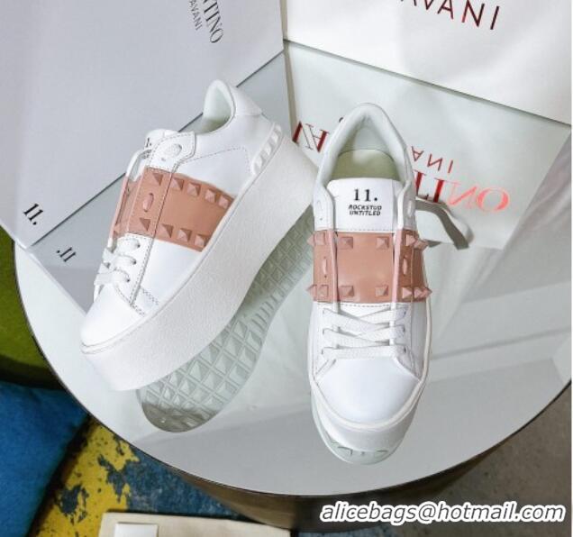 Fashion Valentino Flatform Rockstud Untitled Sneakers with Beige Stripe in White Calfskin 427008