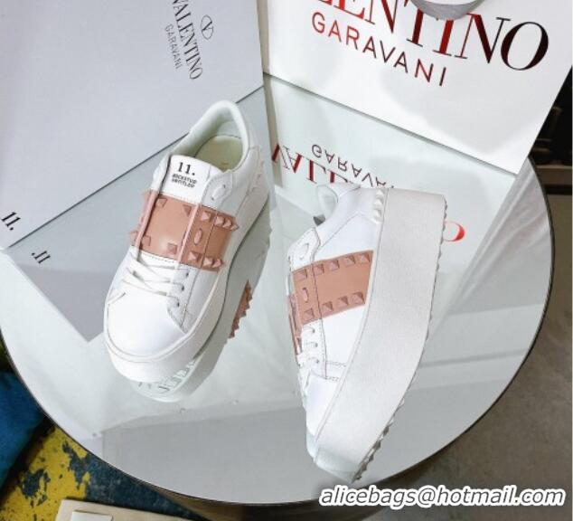 Fashion Valentino Flatform Rockstud Untitled Sneakers with Beige Stripe in White Calfskin 427008