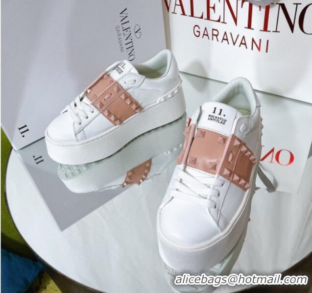 Fashion Valentino Flatform Rockstud Untitled Sneakers with Beige Stripe in White Calfskin 427008