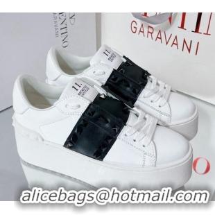 Good Quality Valentino Flatform Rockstud Untitled Sneakers with Black Stripe in White Calfskin 427009