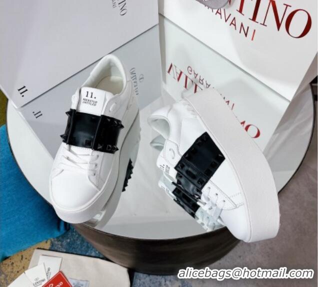 Good Quality Valentino Flatform Rockstud Untitled Sneakers with Black Stripe in White Calfskin 427009