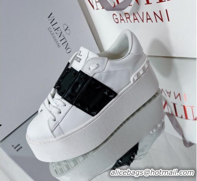 Good Quality Valentino Flatform Rockstud Untitled Sneakers with Black Stripe in White Calfskin 427009