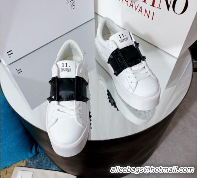 Good Quality Valentino Flatform Rockstud Untitled Sneakers with Black Stripe in White Calfskin 427009