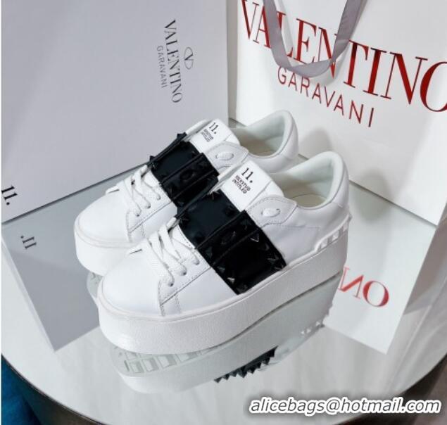 Good Quality Valentino Flatform Rockstud Untitled Sneakers with Black Stripe in White Calfskin 427009