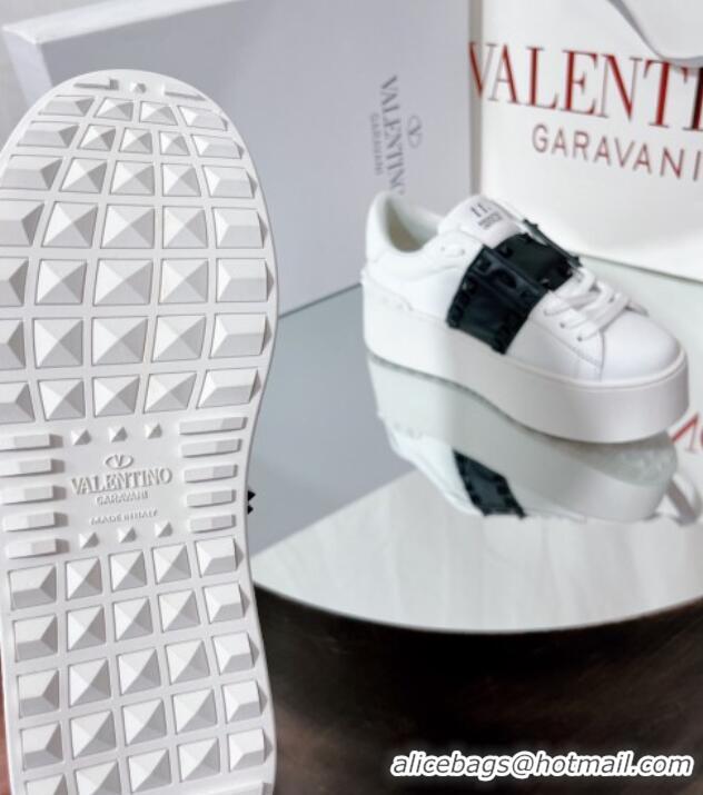 Good Quality Valentino Flatform Rockstud Untitled Sneakers with Black Stripe in White Calfskin 427009