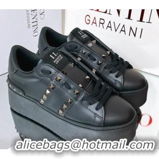 AAAAA Valentino Flatform Rockstud Untitled Sneakers in Calfskin Black/Gold 427011