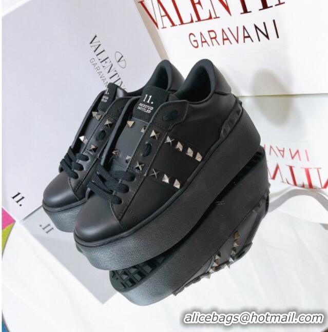 AAAAA Valentino Flatform Rockstud Untitled Sneakers in Calfskin Black/Gold 427011