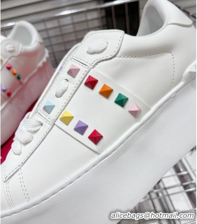 Sophisticated Valentino Flatform Rockstud Untitled Sneakers in Calfskin White/Multicolor 0427012