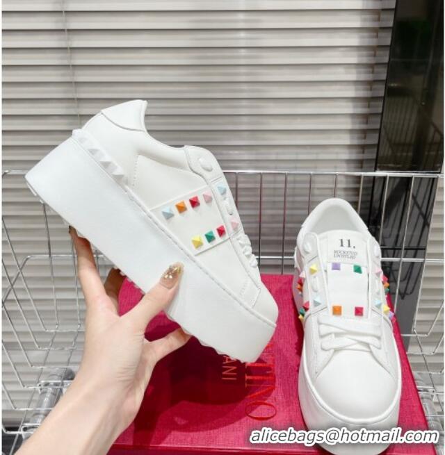 Sophisticated Valentino Flatform Rockstud Untitled Sneakers in Calfskin White/Multicolor 0427012