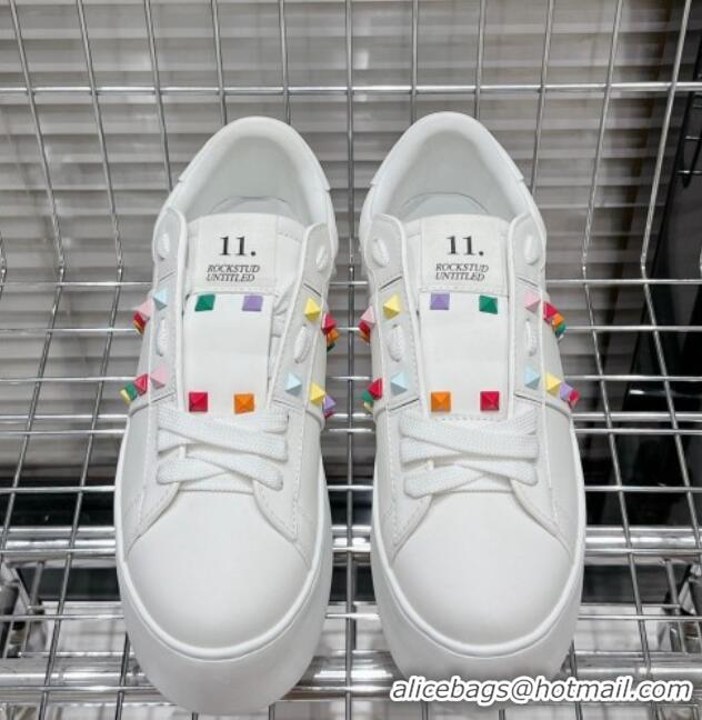 Sophisticated Valentino Flatform Rockstud Untitled Sneakers in Calfskin White/Multicolor 0427012