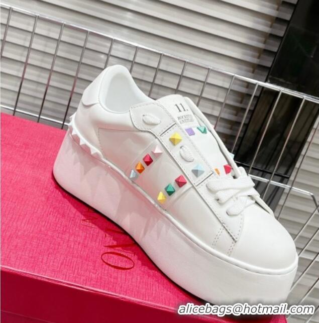 Sophisticated Valentino Flatform Rockstud Untitled Sneakers in Calfskin White/Multicolor 0427012