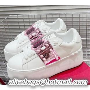 Duplicate Valentino Flatform Rockstud Untitled Sneakers with Metallic Pink Stripe in White Calfskin 427013