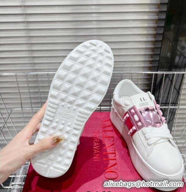 Duplicate Valentino Flatform Rockstud Untitled Sneakers with Metallic Pink Stripe in White Calfskin 427013