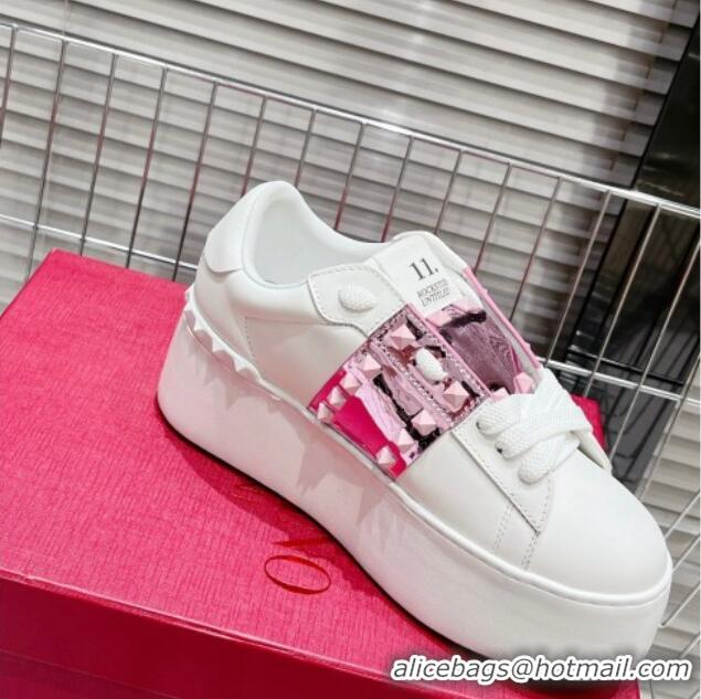 Duplicate Valentino Flatform Rockstud Untitled Sneakers with Metallic Pink Stripe in White Calfskin 427013