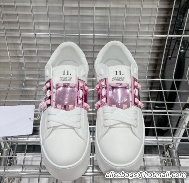 Duplicate Valentino Flatform Rockstud Untitled Sneakers with Metallic Pink Stripe in White Calfskin 427013