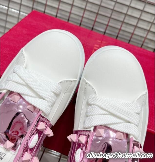 Duplicate Valentino Flatform Rockstud Untitled Sneakers with Metallic Pink Stripe in White Calfskin 427013