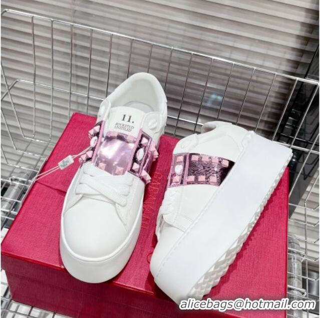 Duplicate Valentino Flatform Rockstud Untitled Sneakers with Metallic Pink Stripe in White Calfskin 427013