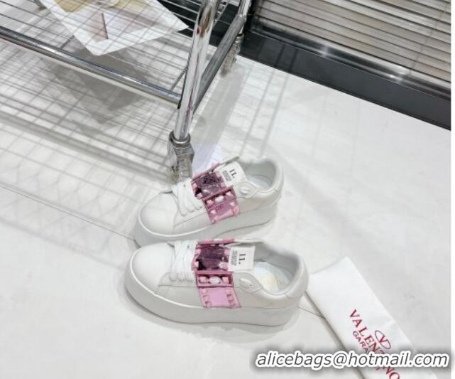 Duplicate Valentino Flatform Rockstud Untitled Sneakers with Metallic Pink Stripe in White Calfskin 427013