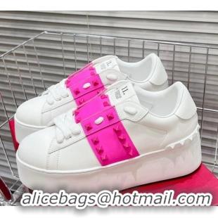 Super Quality Valentino Flatform Rockstud Untitled Sneakers with PP Pink Stripe in White Calfskin 427014