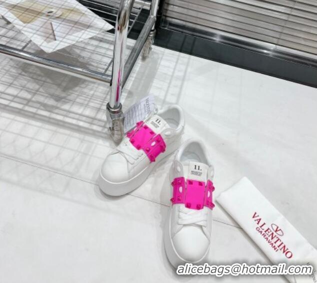 Super Quality Valentino Flatform Rockstud Untitled Sneakers with PP Pink Stripe in White Calfskin 427014