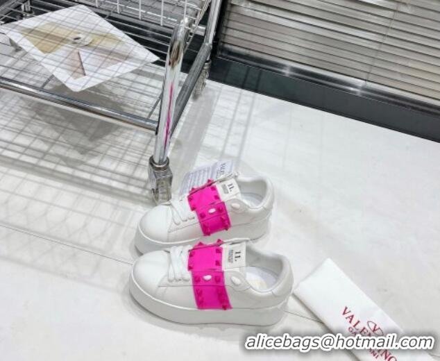 Super Quality Valentino Flatform Rockstud Untitled Sneakers with PP Pink Stripe in White Calfskin 427014