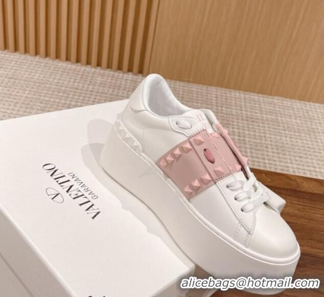 Perfect Valentino Flatform Rockstud Untitled Sneakers with Light Pink Stripe in White Calfskin 0427016