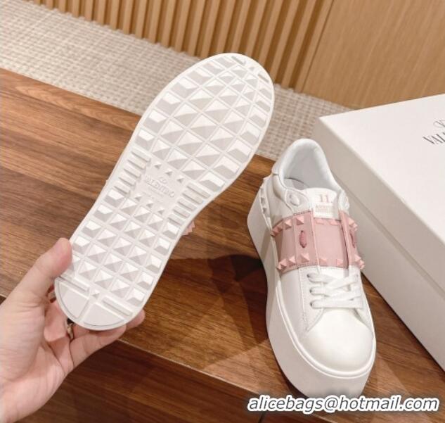 Perfect Valentino Flatform Rockstud Untitled Sneakers with Light Pink Stripe in White Calfskin 0427016