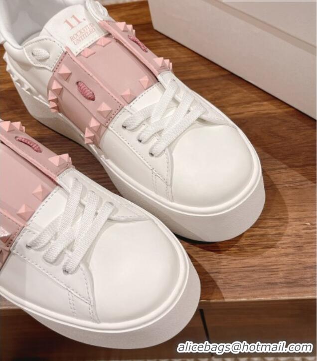 Perfect Valentino Flatform Rockstud Untitled Sneakers with Light Pink Stripe in White Calfskin 0427016