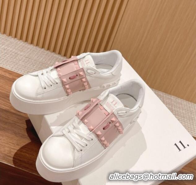 Perfect Valentino Flatform Rockstud Untitled Sneakers with Light Pink Stripe in White Calfskin 0427016