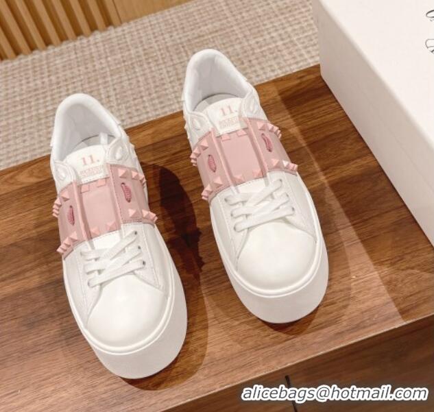 Perfect Valentino Flatform Rockstud Untitled Sneakers with Light Pink Stripe in White Calfskin 0427016