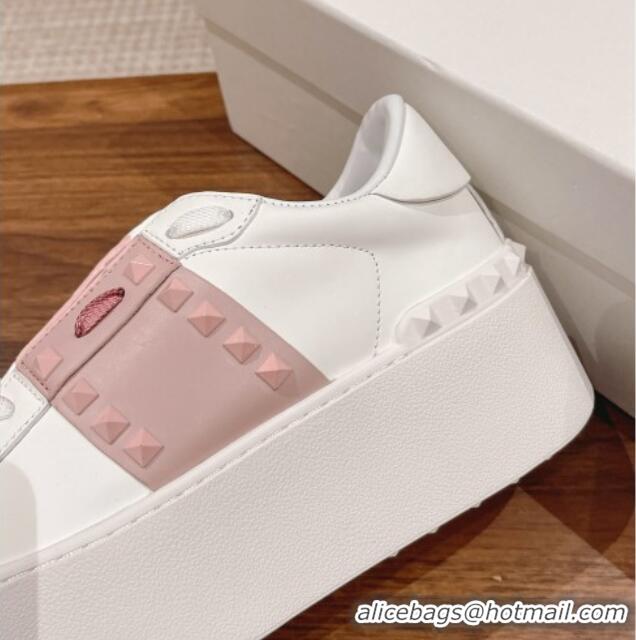 Perfect Valentino Flatform Rockstud Untitled Sneakers with Light Pink Stripe in White Calfskin 0427016