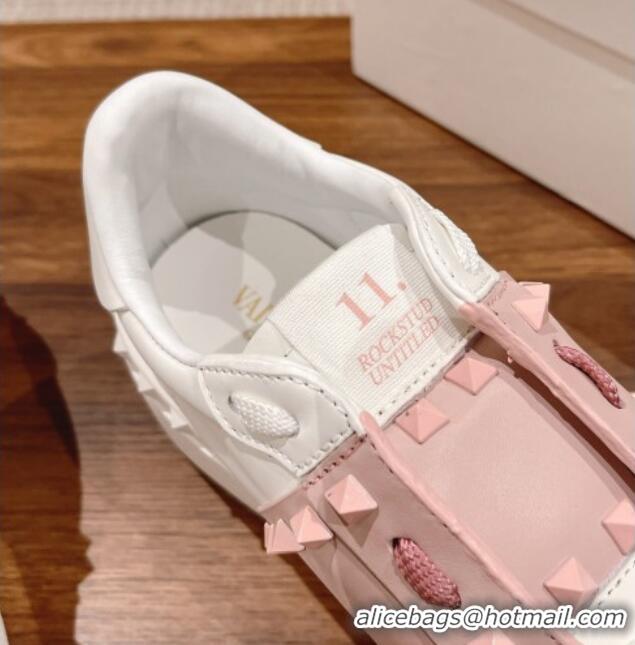 Perfect Valentino Flatform Rockstud Untitled Sneakers with Light Pink Stripe in White Calfskin 0427016