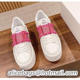 Good Product Valentino Flatform Rockstud Untitled Sneakers with Dark Pink Crystal Stripe in White Calfskin 427017