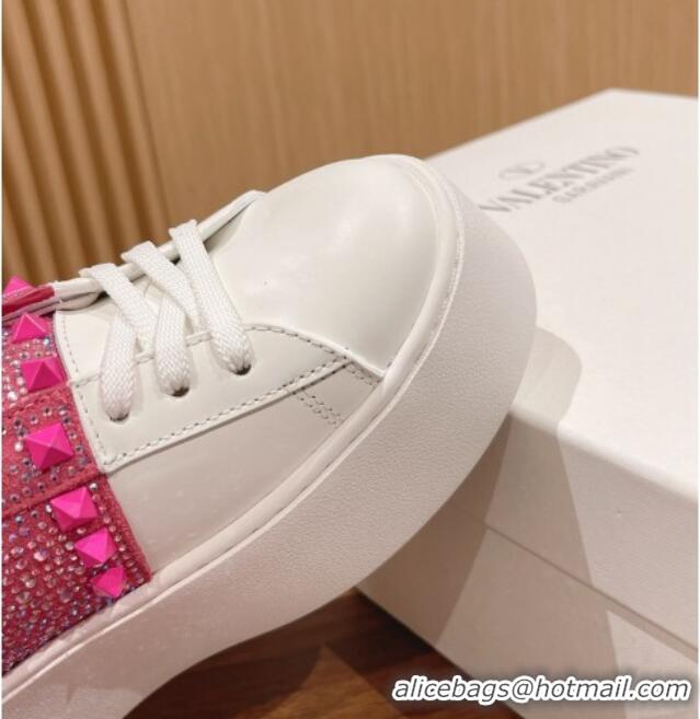 Good Product Valentino Flatform Rockstud Untitled Sneakers with Dark Pink Crystal Stripe in White Calfskin 427017