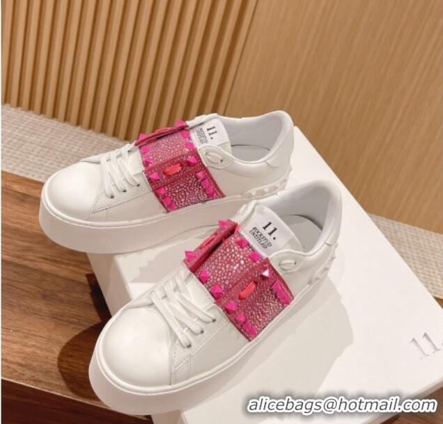 Good Product Valentino Flatform Rockstud Untitled Sneakers with Dark Pink Crystal Stripe in White Calfskin 427017