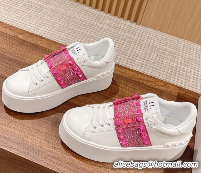 Good Product Valentino Flatform Rockstud Untitled Sneakers with Dark Pink Crystal Stripe in White Calfskin 427017