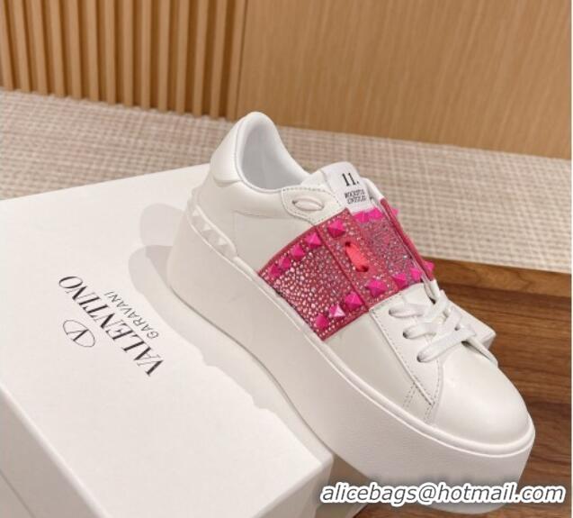 Good Product Valentino Flatform Rockstud Untitled Sneakers with Dark Pink Crystal Stripe in White Calfskin 427017