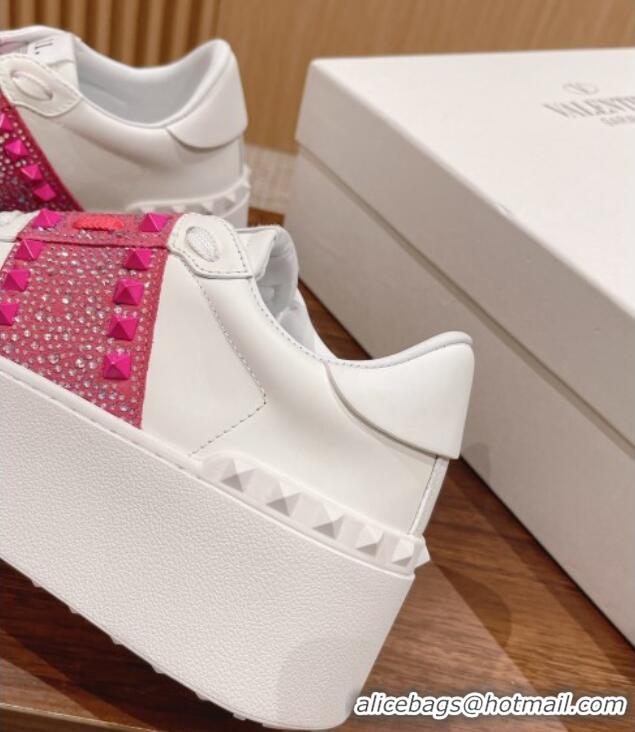 Good Product Valentino Flatform Rockstud Untitled Sneakers with Dark Pink Crystal Stripe in White Calfskin 427017