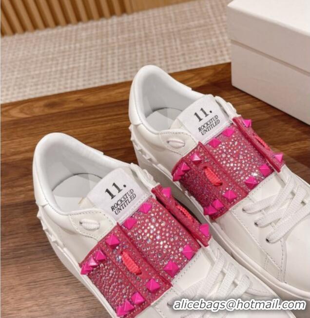 Good Product Valentino Flatform Rockstud Untitled Sneakers with Dark Pink Crystal Stripe in White Calfskin 427017