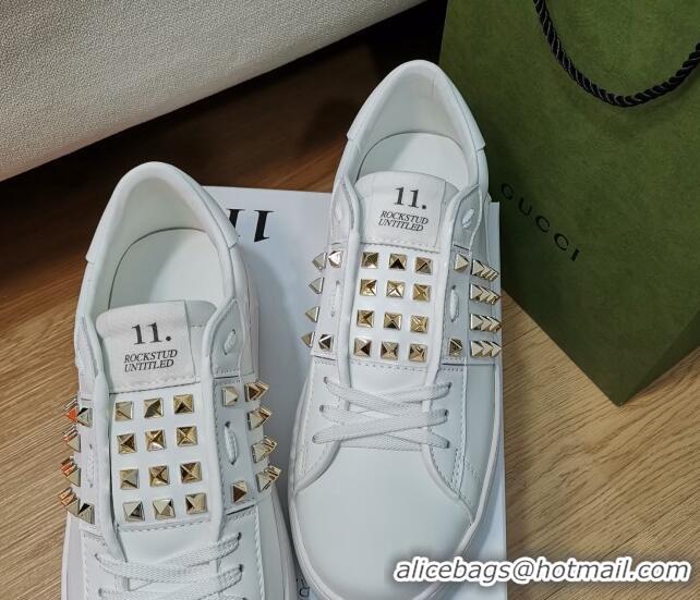 Popular Style Valentino Untitled Rockstud Sneakers in Calfskin White/Gold 427022